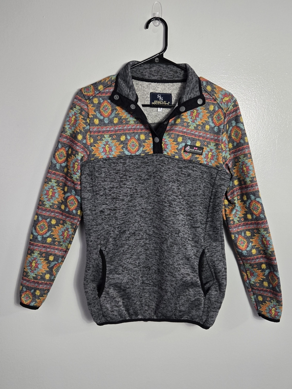 Simply Southern Aztec Geometric Tribal Print Snap Mock Neck Fleece Pullover Sz S